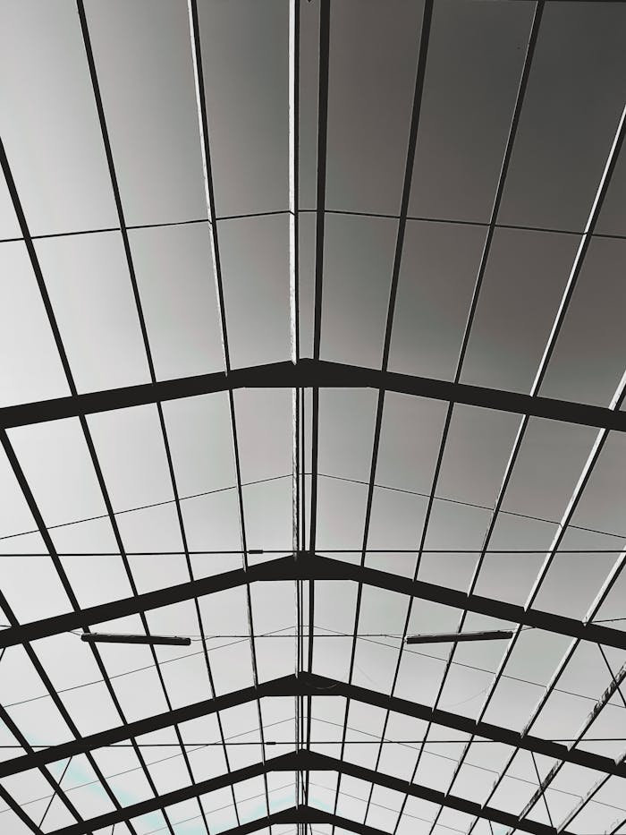 Symmetrical view of a modern industrial metal roof with geometric patterns, minimalistic design.